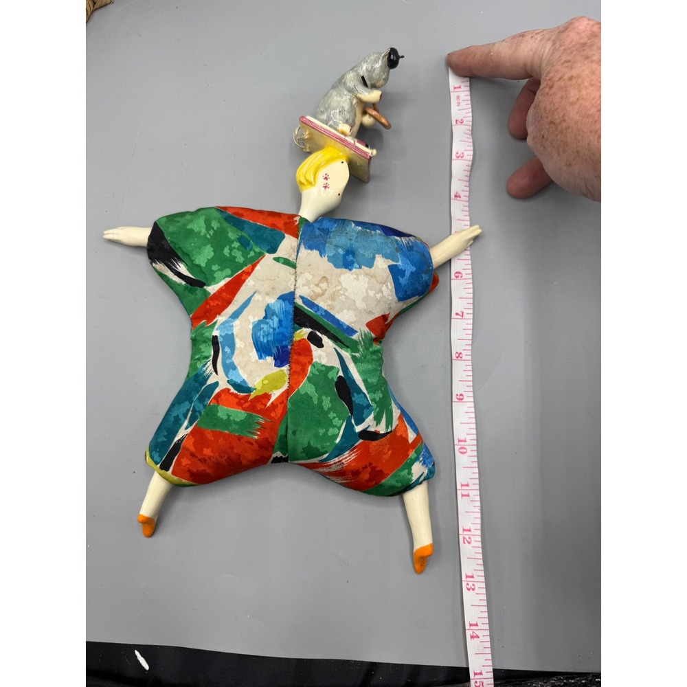Vintage Art Doll Ceramic Cat Artist Painter Abstract Print Harlequin 12.5" - Picture 5 of 7